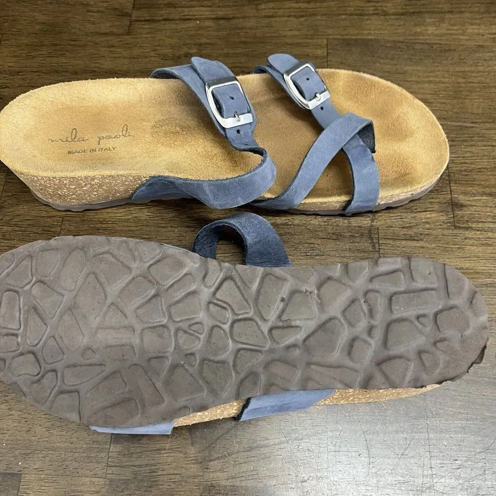 Mila Paoli‎ Womens 8 Made in Italy Blue Suede Cork Wedge Sandals Shoe Comfort